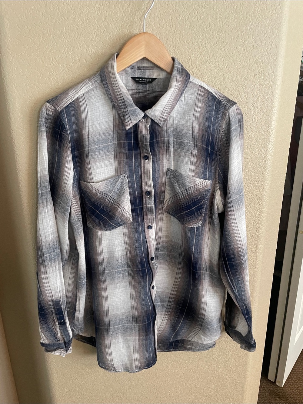 Lucky Brand Women’s Plaid Button-Up Shirt - Blue, Gray, & Brown Size L